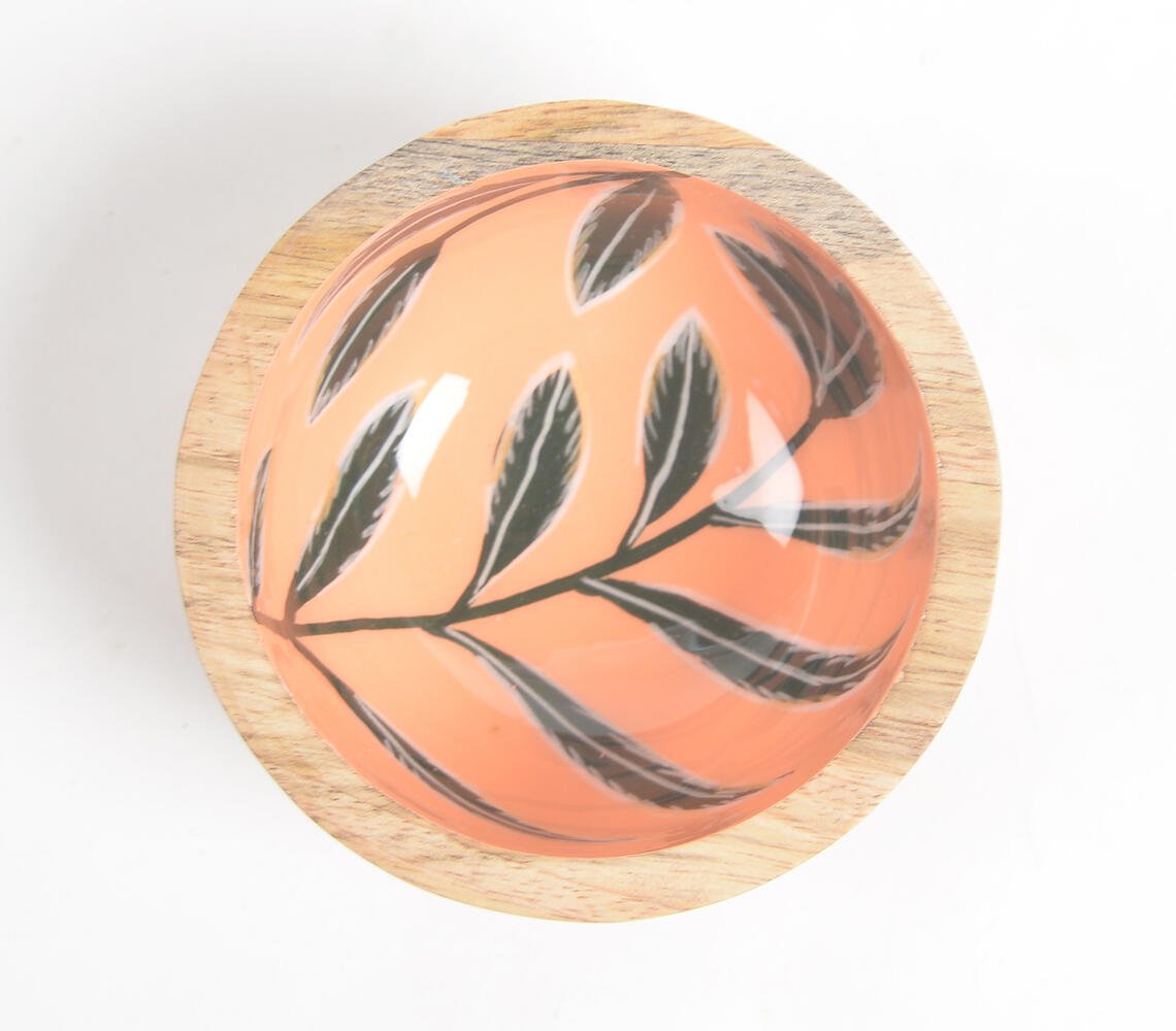 Tropical Leaves Orange Enameled & Turned Mango Wood Bowl