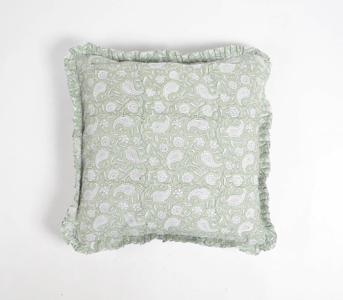 Paisley Block Printed Cushion Cover with Frilled Border, 18 x 18 inches