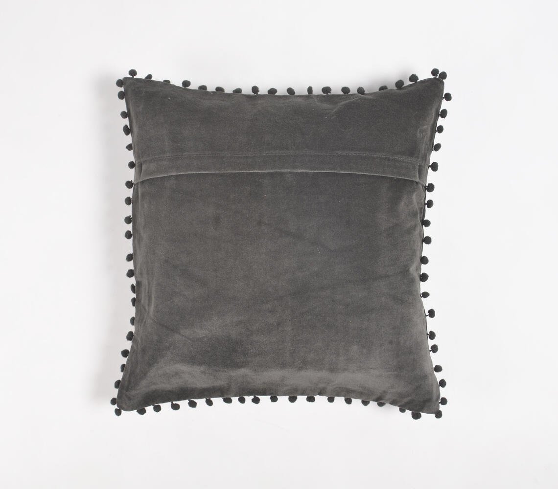 Solid Charcoal Cotton Cushion Cover with Embellished Border, 18 x 18 inches