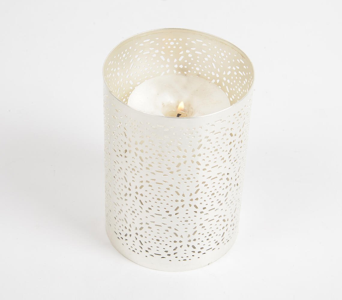 Honeycomb Jali Cut Silver-Toned Iron Candle Holder