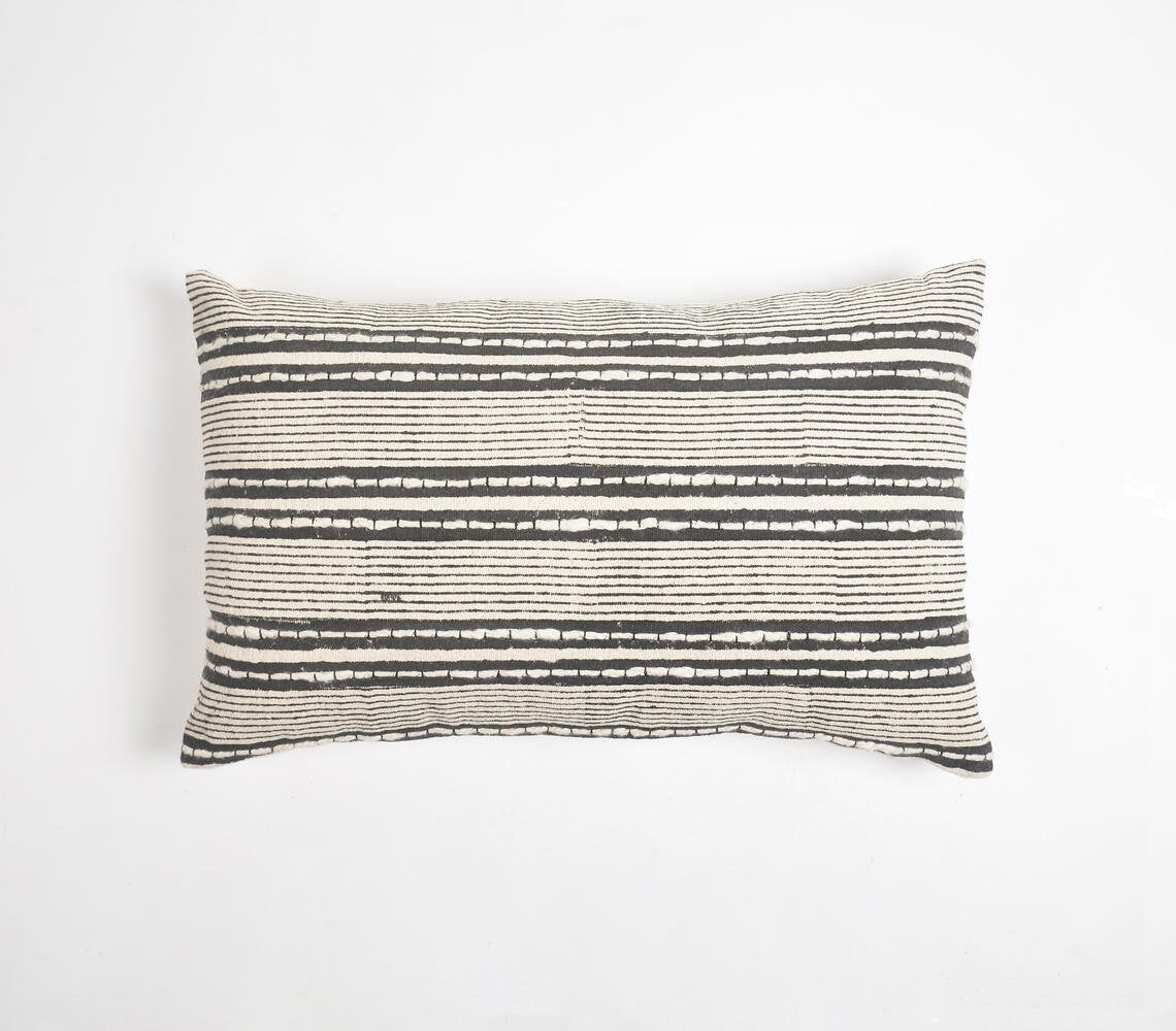 Striped Greyscale Cotton Lumbar Cushion Cover, 14 x 22 inches