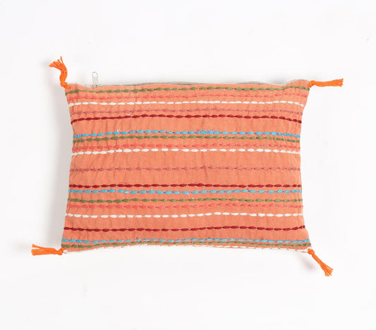 Striped & Tasseled Slub Coral Lumbar Cover, 12 x 8 inches