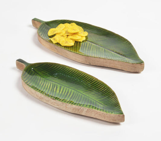 Enamelled Leaves Wooden Serving Trays (Set of 2)