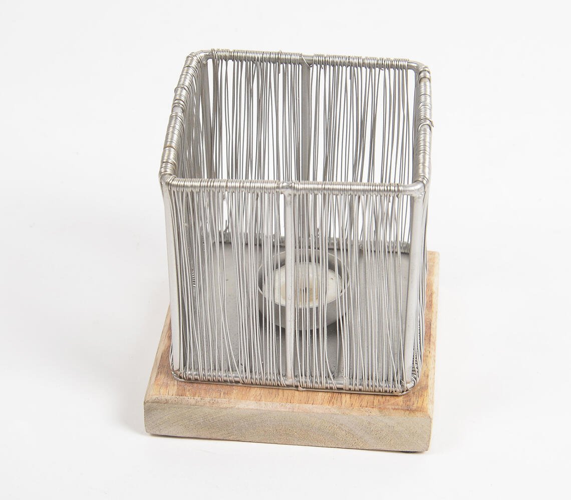 Silver-toned Iron Wire Tea Light Holder with Wooden Base