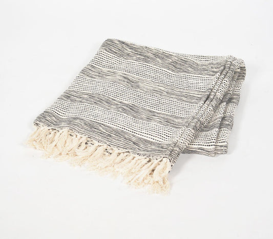 Handwoven Cotton Greyscale Striped Tasseled Throw