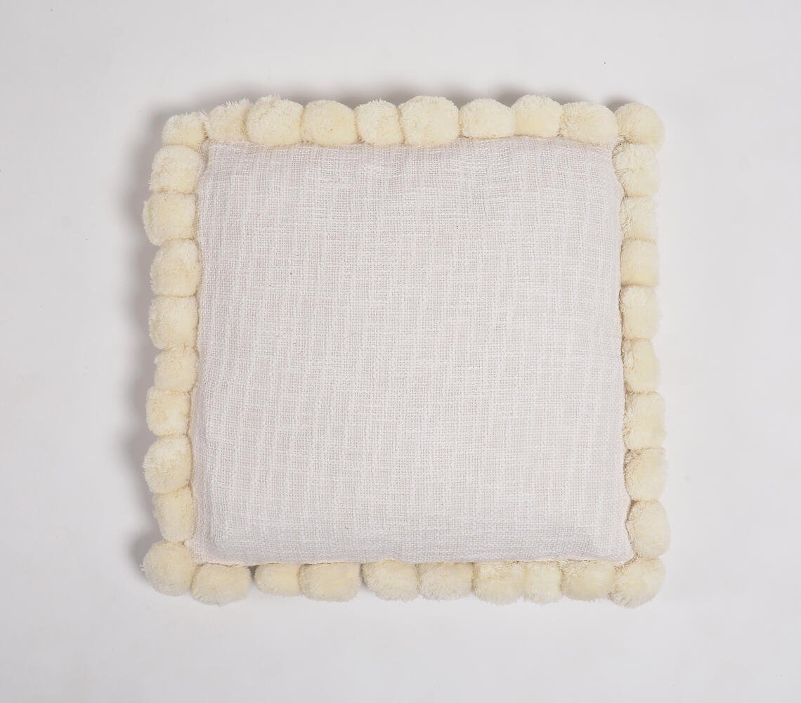 Solid Ivory Cotton Cushion Cover with Pom-Pom Border