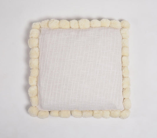 Solid Ivory Cotton Cushion Cover with Pom-Pom Border