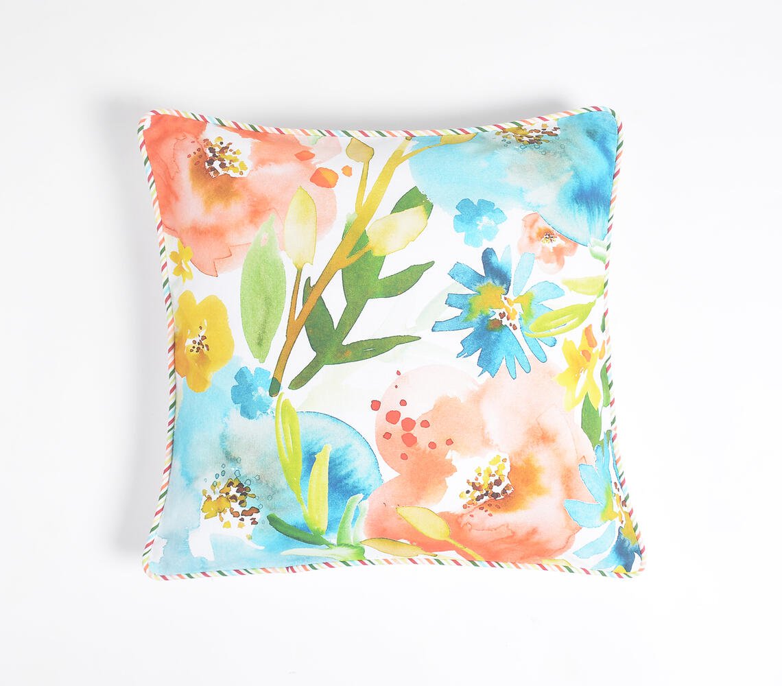 Floral Watercolor Cotton Cushion Cover with Piping