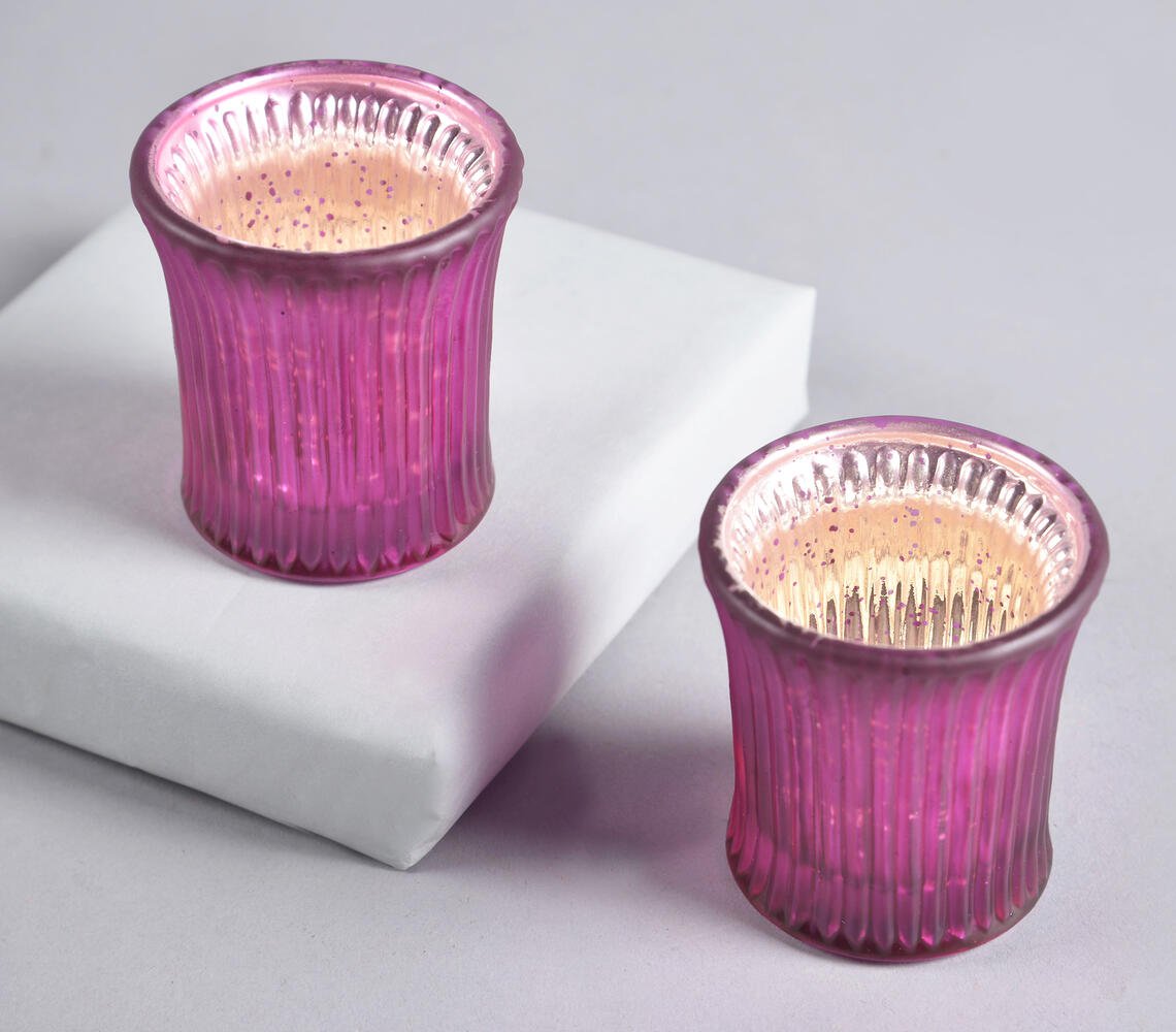 Mauve Tinted & Ribbed Glass Votives (set of 2)