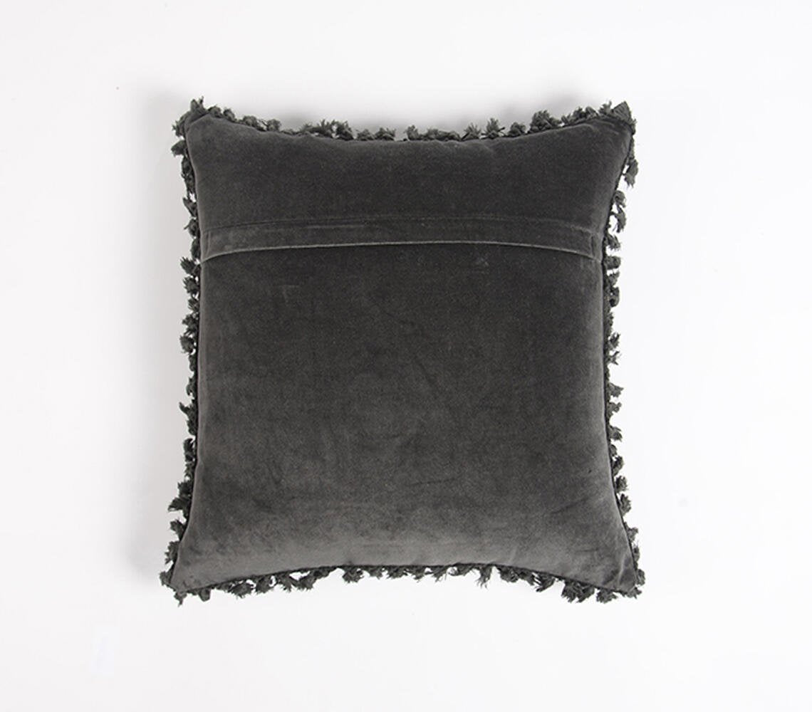 Solid Velvet Cotton Cushion Cover with Border Fringes, 18 x 18 inches