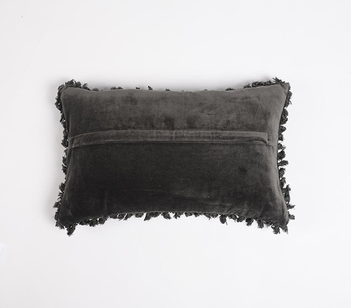 Solid Black Velvet Cotton Cushion Cover with Border Fringes, 20 x 12 inches