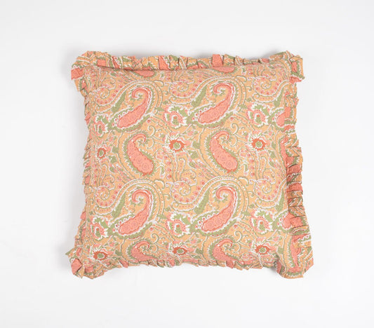 Subdued Botanical Printed Cushion Cover with Frills, 18 x 18 inches