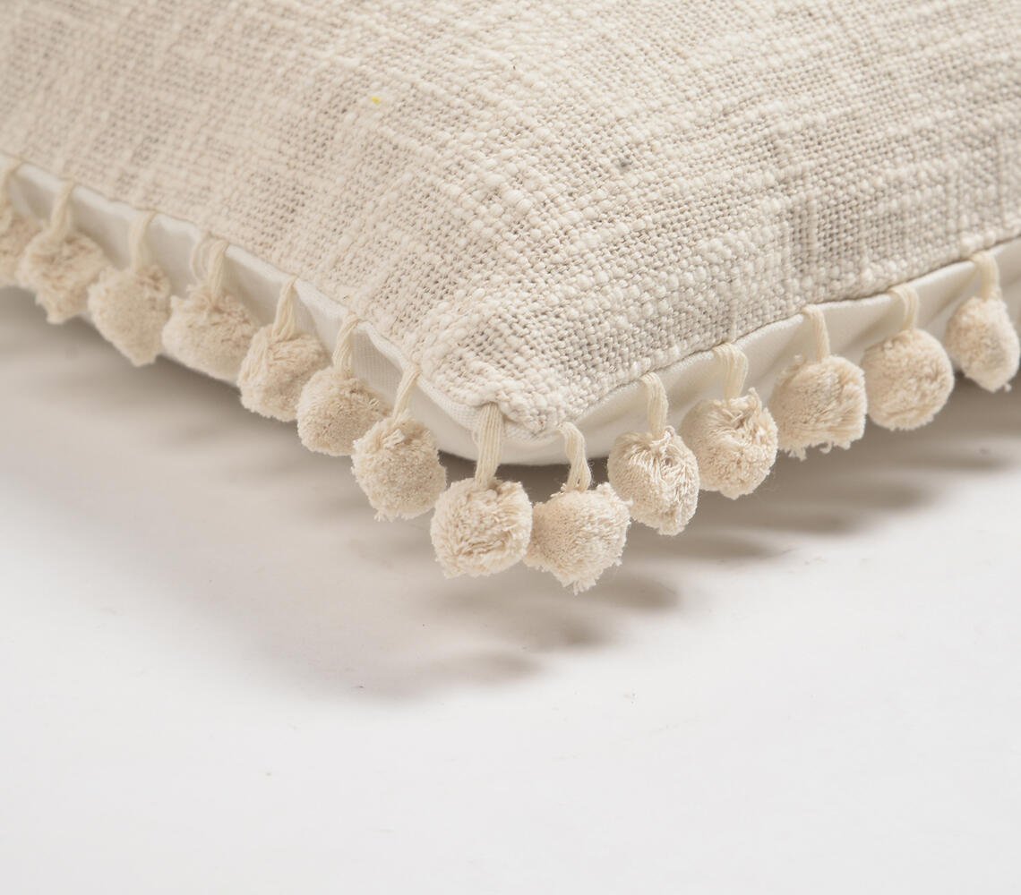 Solid Neutral Cotton Cushion Cover with Pom-Pom Border