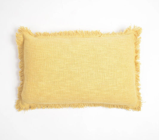 Solid Fringed Lumbar Cotton Cushion Cover, 14 x 21 inches