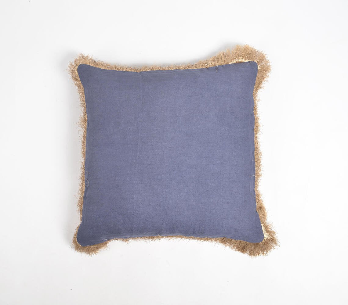 Solid Navy Cotton Linen Cushion Cover with Fringed Border, 18 x 18 inches