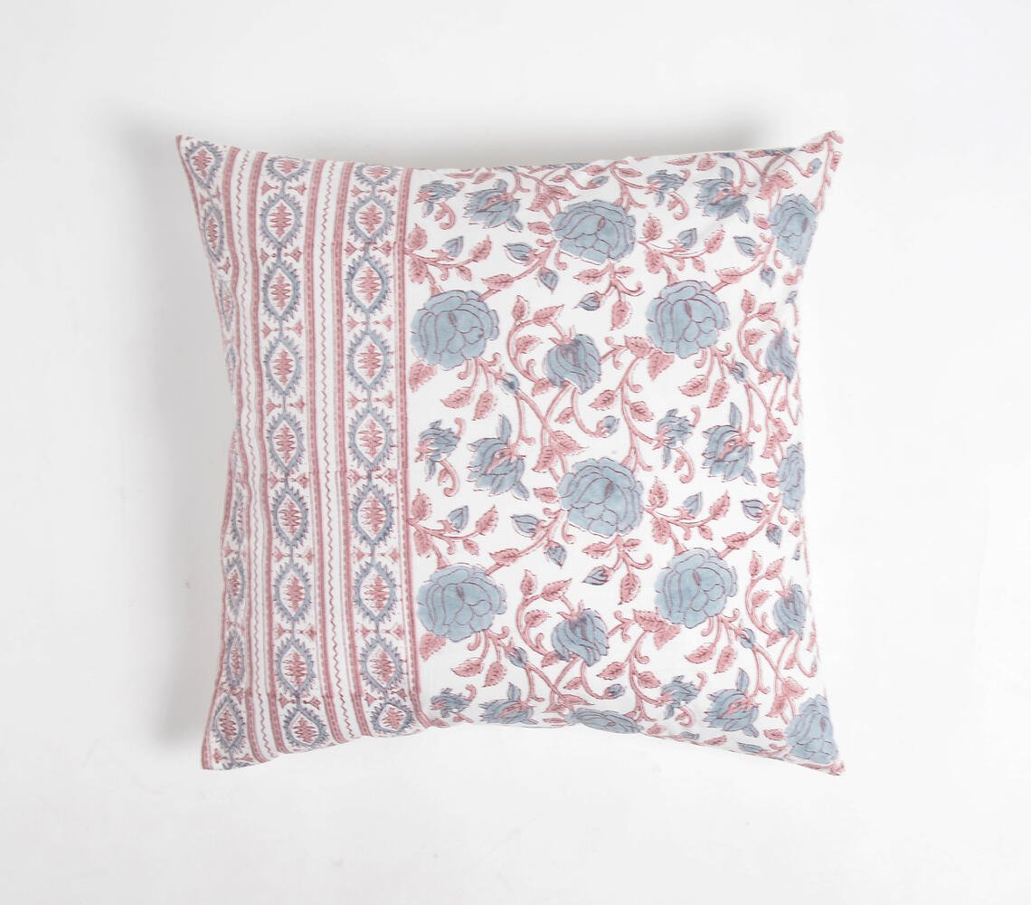 Floral Block Printed Cushion Cover, 18 x 18 inches