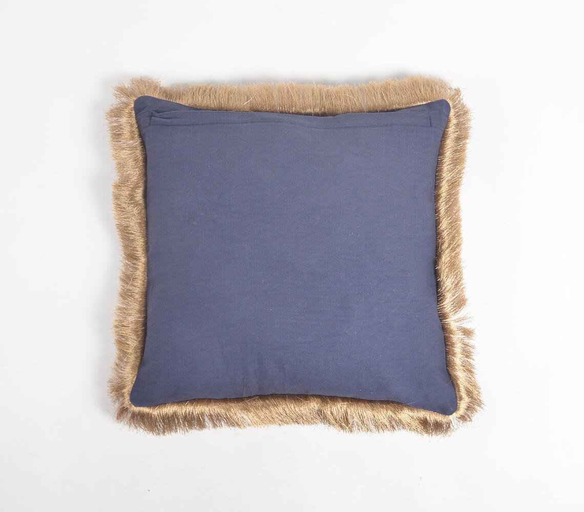 Solid Navy Cotton Linen Cushion Cover with Fringed Border, 18 x 18 inches