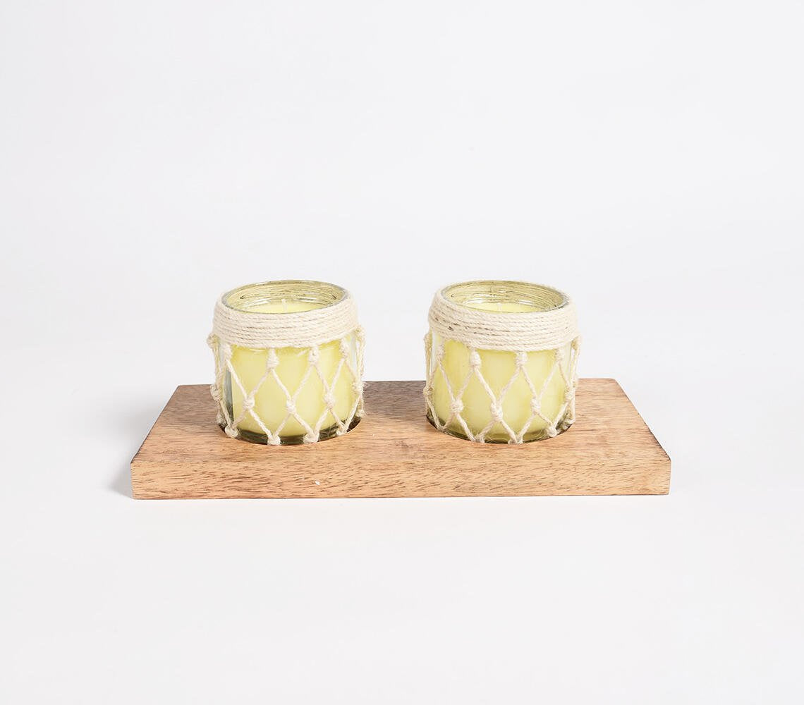 Lemongrass Scented Jar Candles With Jute Coil & Wooden Base (Set of 2)