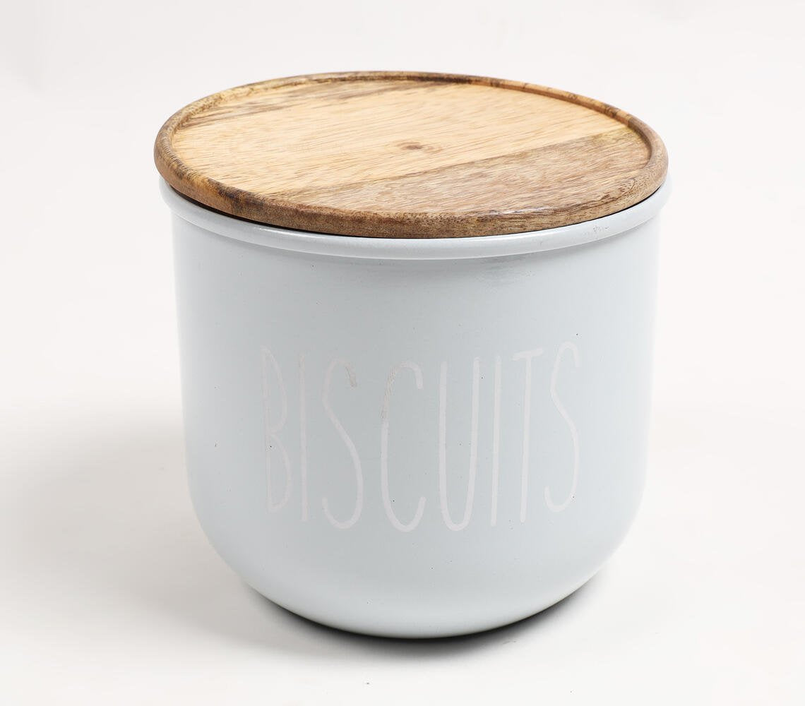 Matte-Pastel Blue Typographic Metal Canister with Wooden Lid