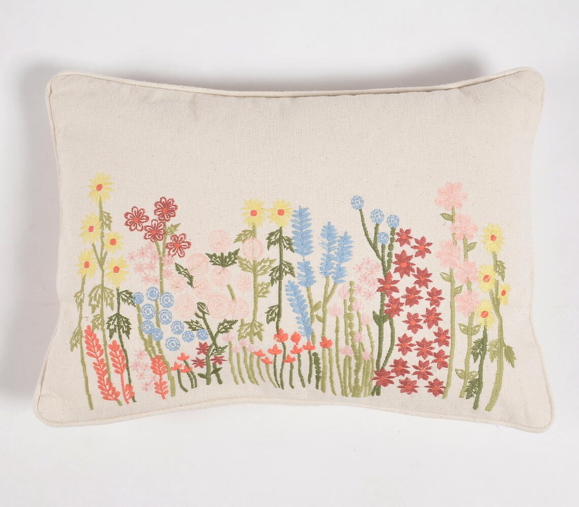 Hand Embroidered Cotton Lumbar Cushion cover, 20 x 14 inches