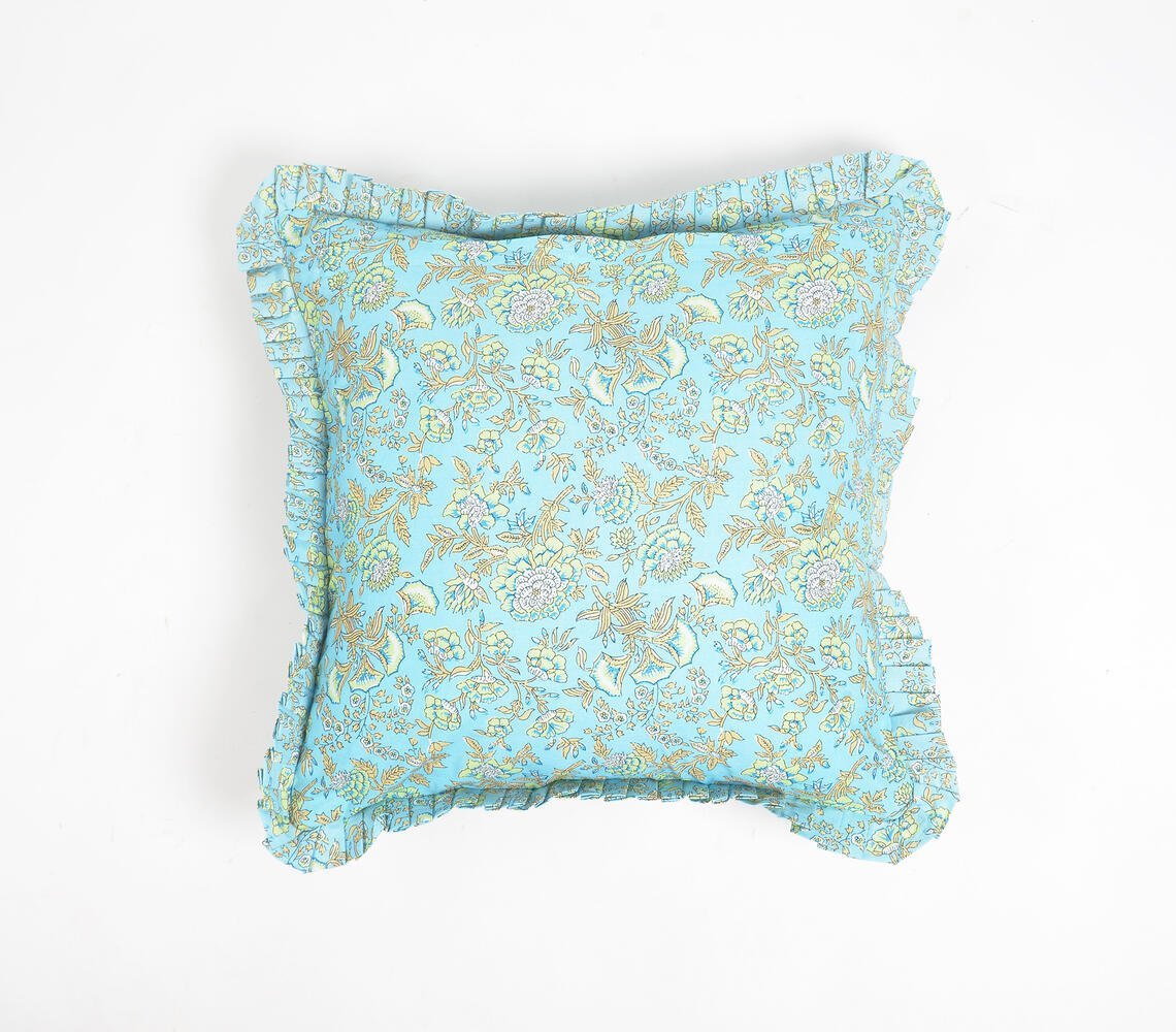 Floral Garden Blue Cotton Cushion Cover with Frilled Border, 18 x 18 inches