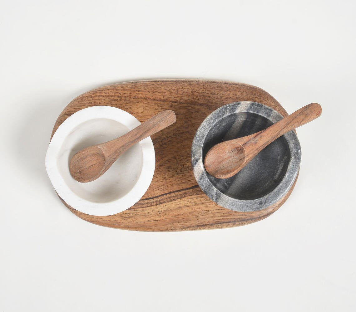 Set of Turned Marble Bowls With Acacia Wood Spoon & Tray