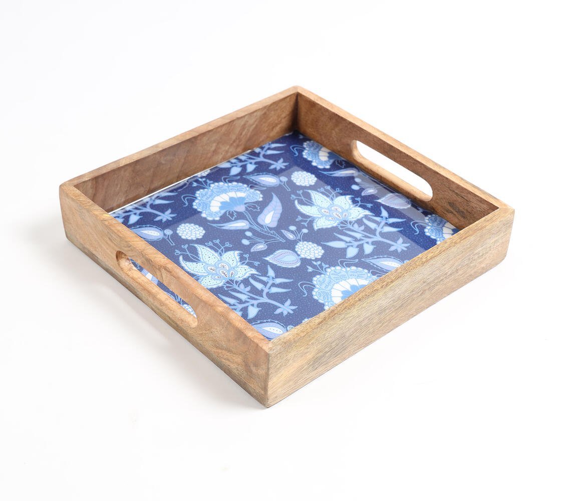 Floral-Enamelled Square Wooden Serving Tray