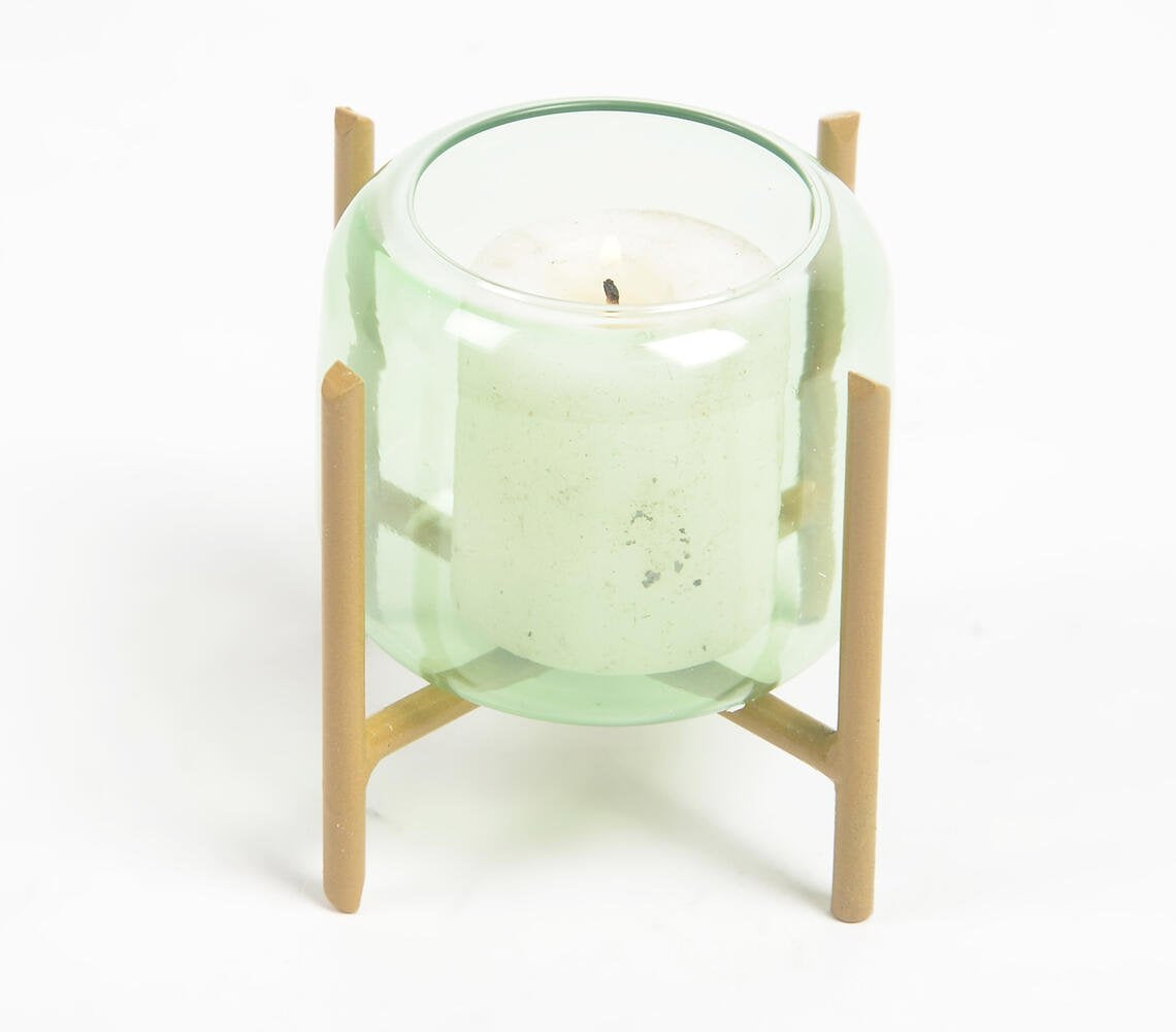 Emerald Green Glass Candle Holder with Metal Stand