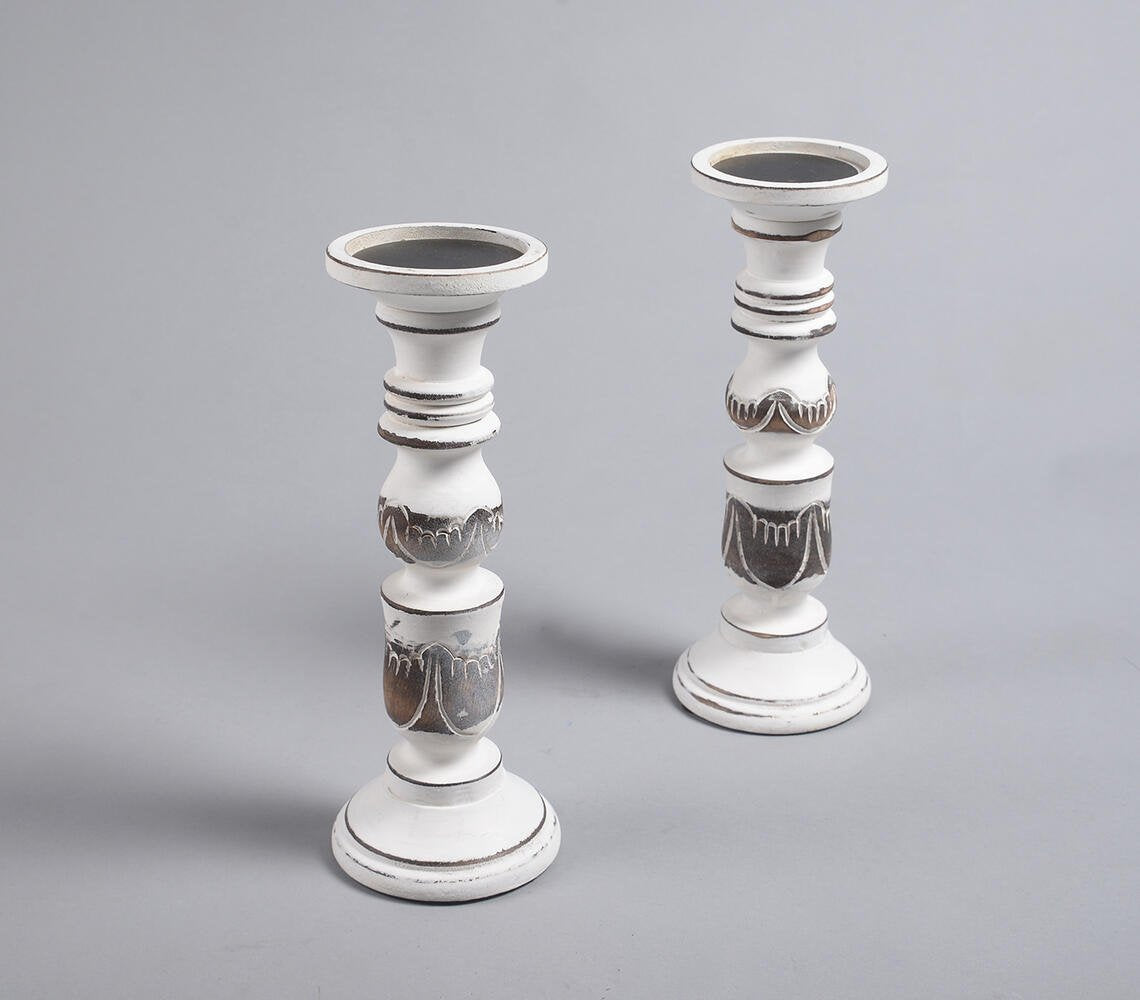 Distress Painted Mango Wood Candle Stands (set of 2)