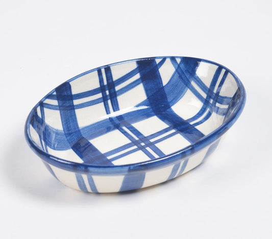 Indigo Plaid Ceramic Egg-Shaped Baking Dish