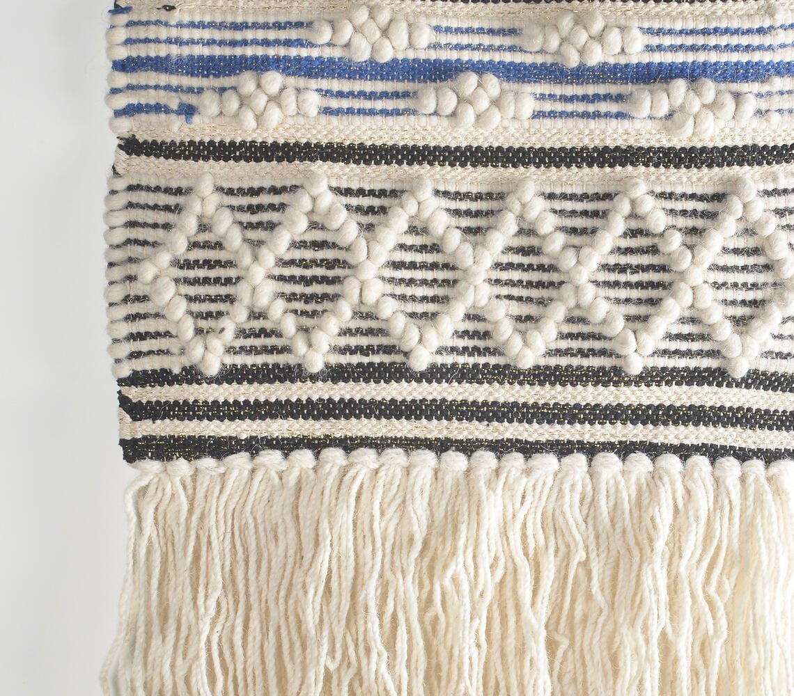 Geometric Fringed Handwoven Cotton & Wool Wall Hanging