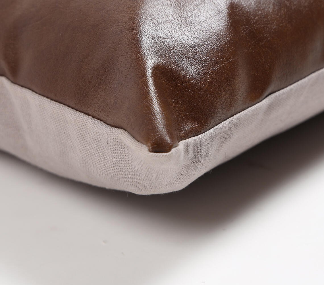 Hand Stitched Cotton & Leather Colorblock Lumbar Cushion Cover, 20 x 14 inches