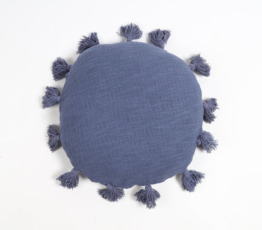 Tasseled Round Blue Cushion Cover