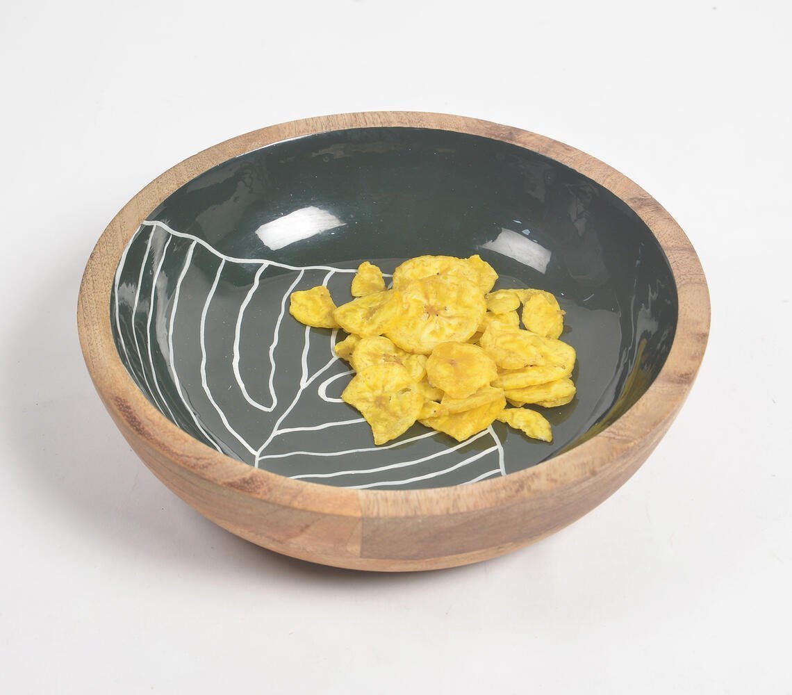 Forest Leaf Enameled & Turned Mango Wood Serving Bowl