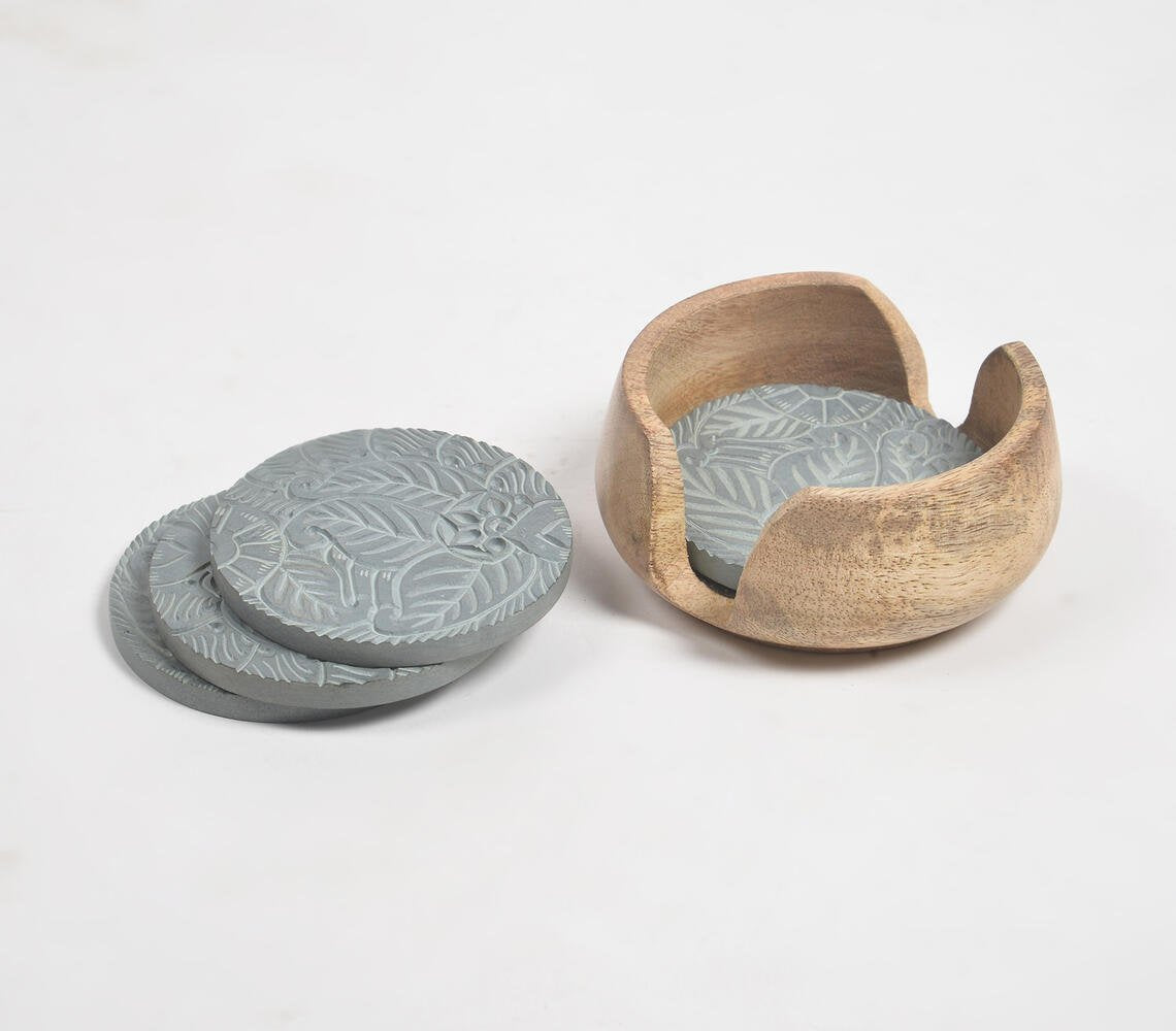 Paisley Hand carved Stone Coasters with Wooden Holder (set of 4)