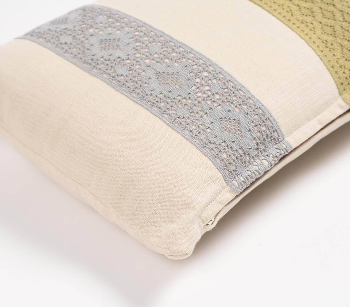 Hand Stitched Lace Cotton Lumbar Cushion cover, 20 x 12 inches