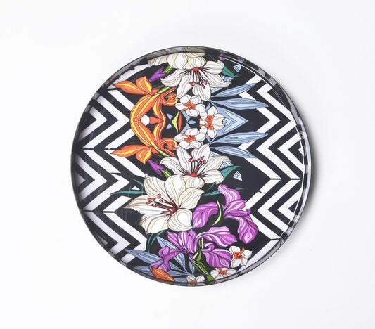 Chevron Floral Enamelled Metal Round Black Tray