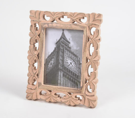 Hand Carved Floral Motif Mango Wood Photo Frame