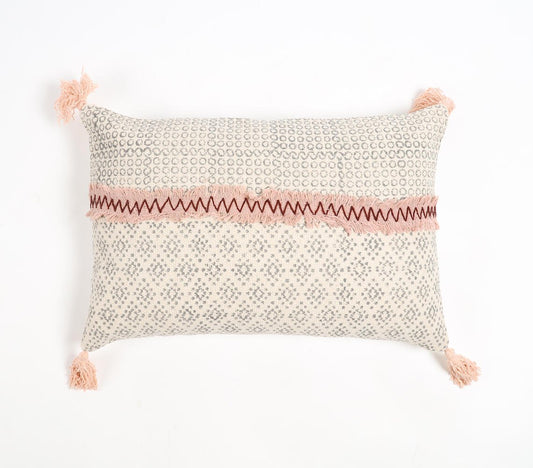 Block Printed Cotton Tasseled Lumbar Cushion Cover, 20 x 14 inches