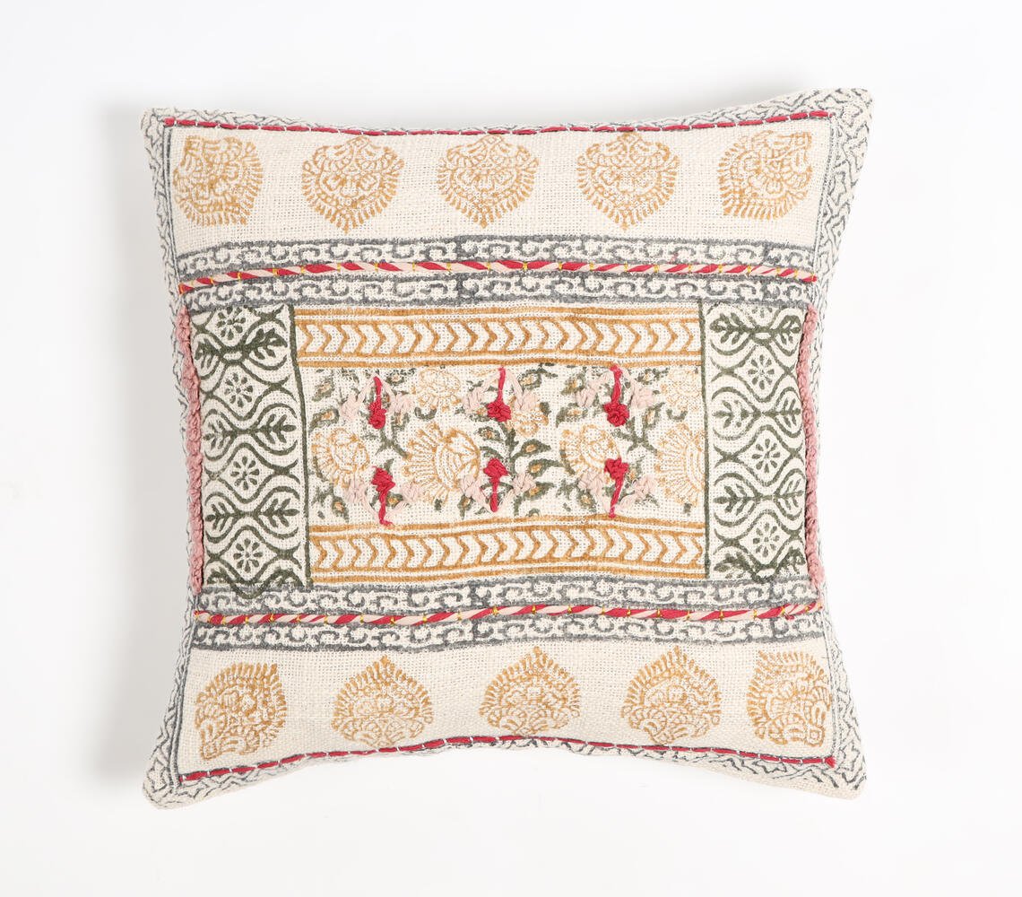 Block Printed Cotton Floral Cushion Cover, 18 x 18 inches