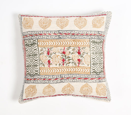 Block Printed Cotton Floral Cushion Cover, 18 x 18 inches