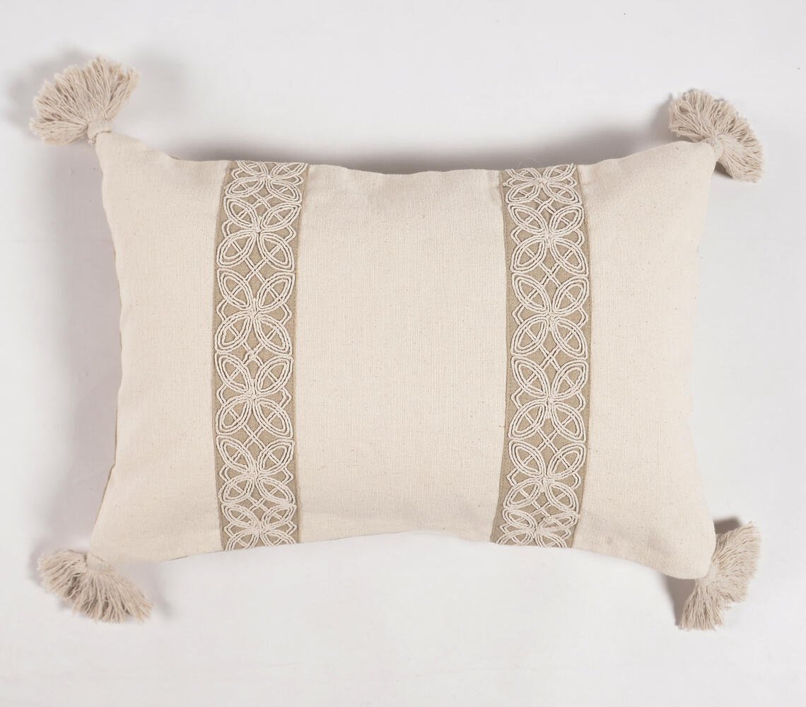 Hand Embroidered Cotton Lumbar Cushion cover, 20 x 14 inches