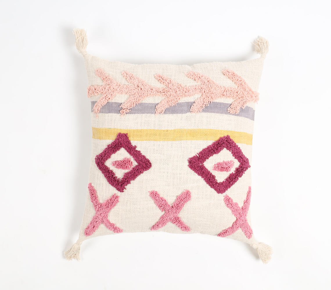 Hand Tufted Cotton Geometric Tasseled Cushion Cover, 18 x 18 inches