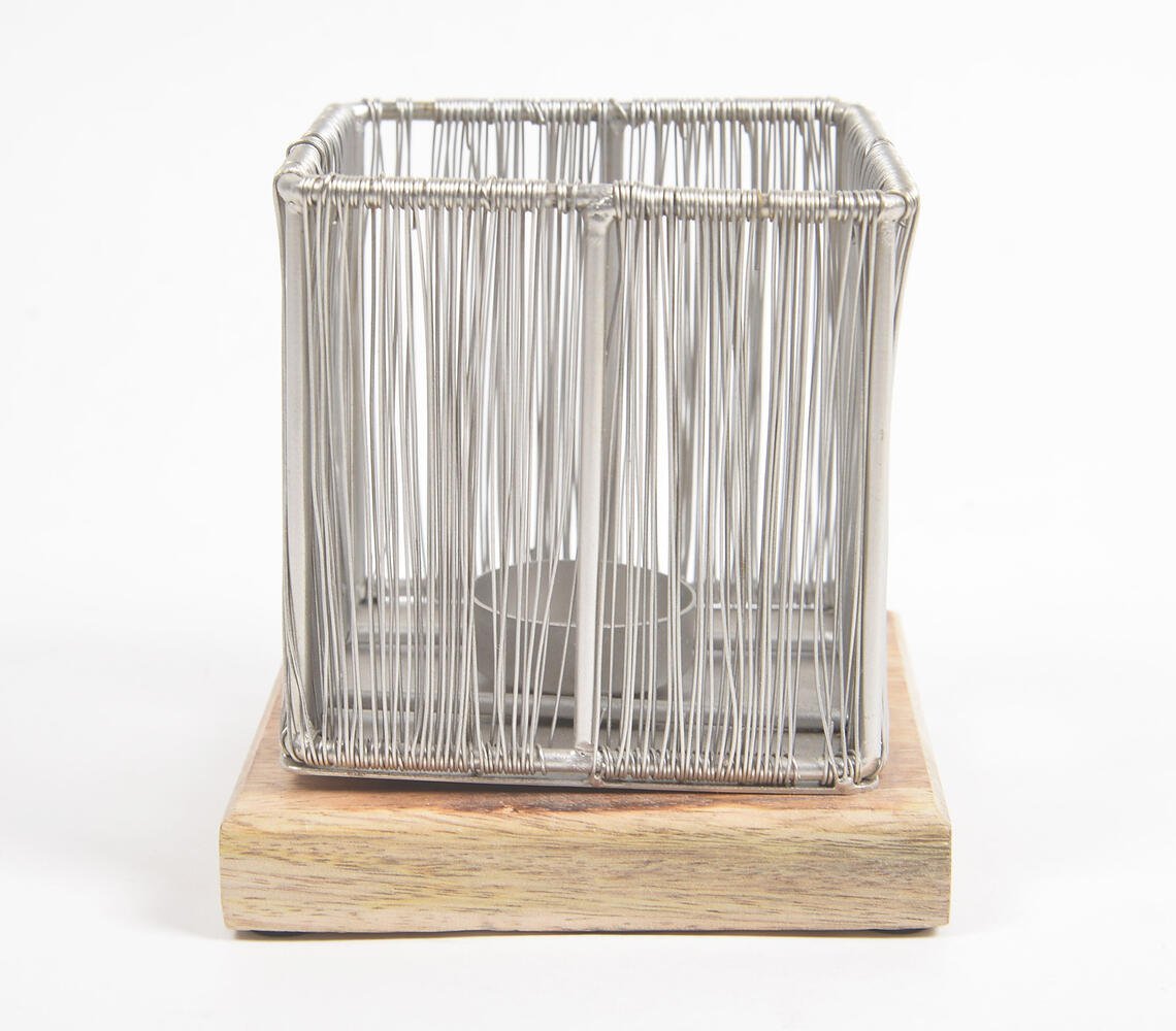 Silver-toned Iron Wire Tea Light Holder with Wooden Base