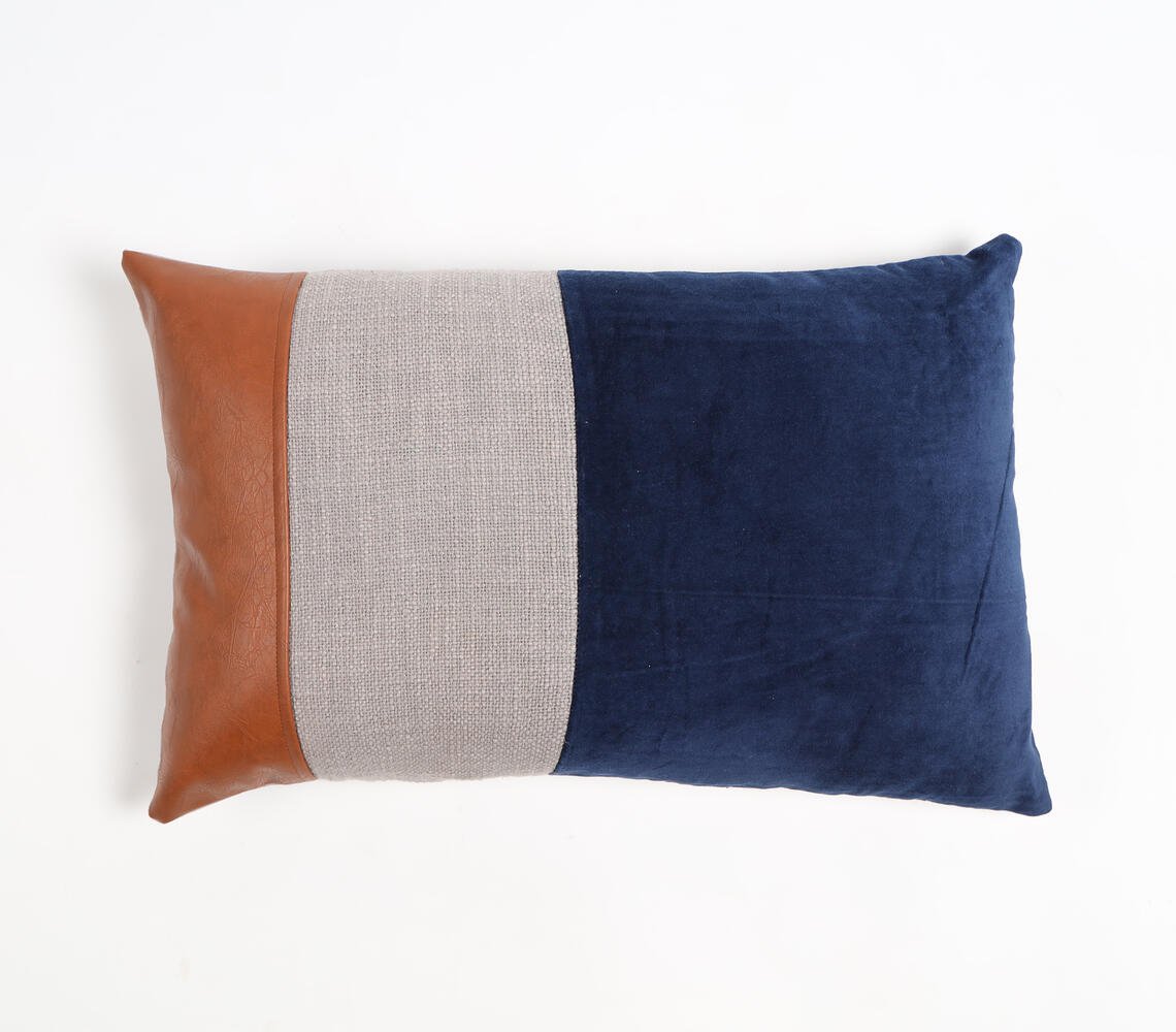 Hand Stitched Velvet & Leather Colorblock Lumbar Cushion Cover