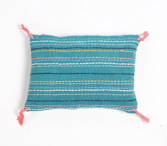 Striped & Tasseled Slub Teal Lumbar Cover, 12 x 8 inches