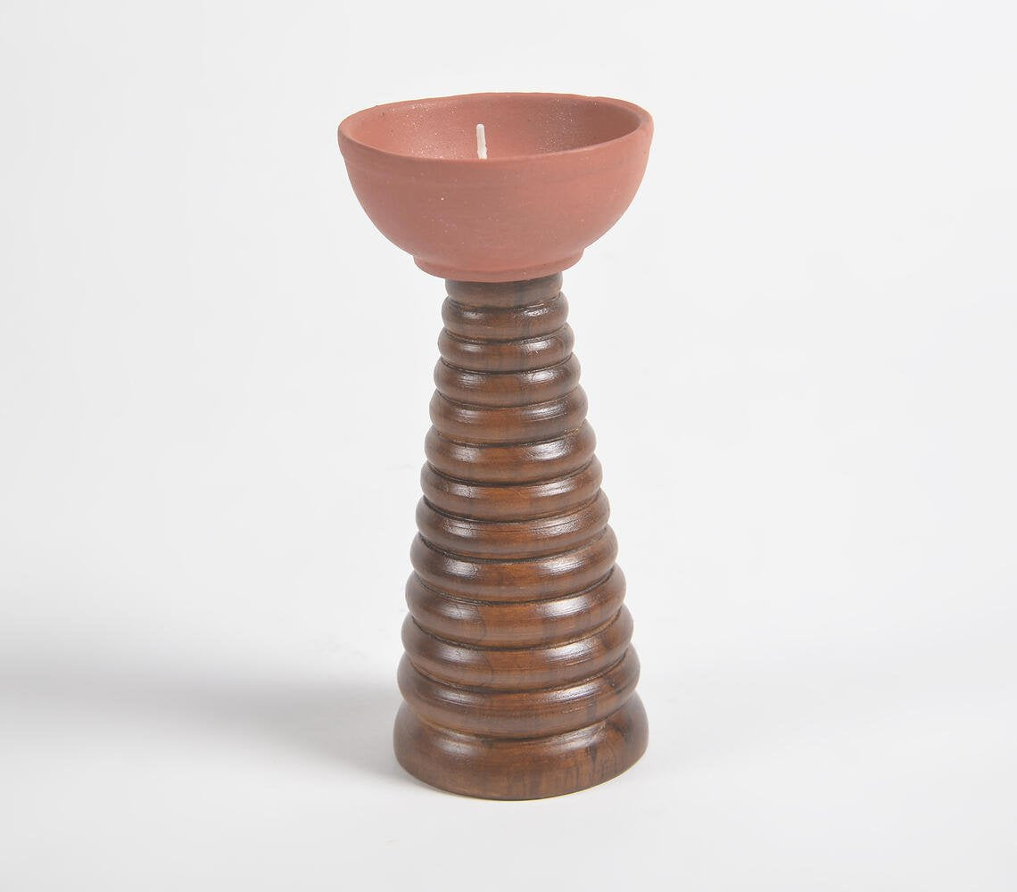 Ribbed Teak Wood & Terracotta Tealight