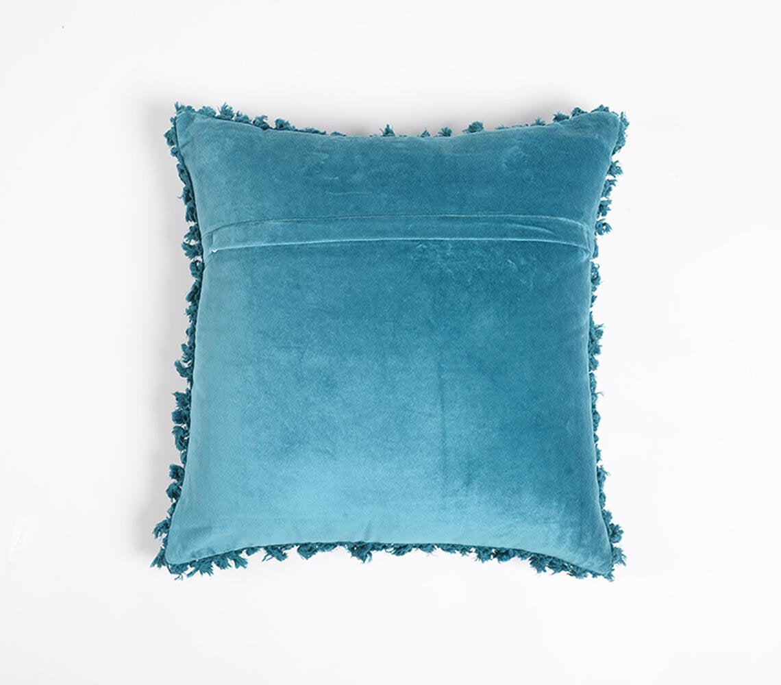 Solid Blue Velvet Cotton Cushion Cover with Border Fringes, 18 x 18 inches