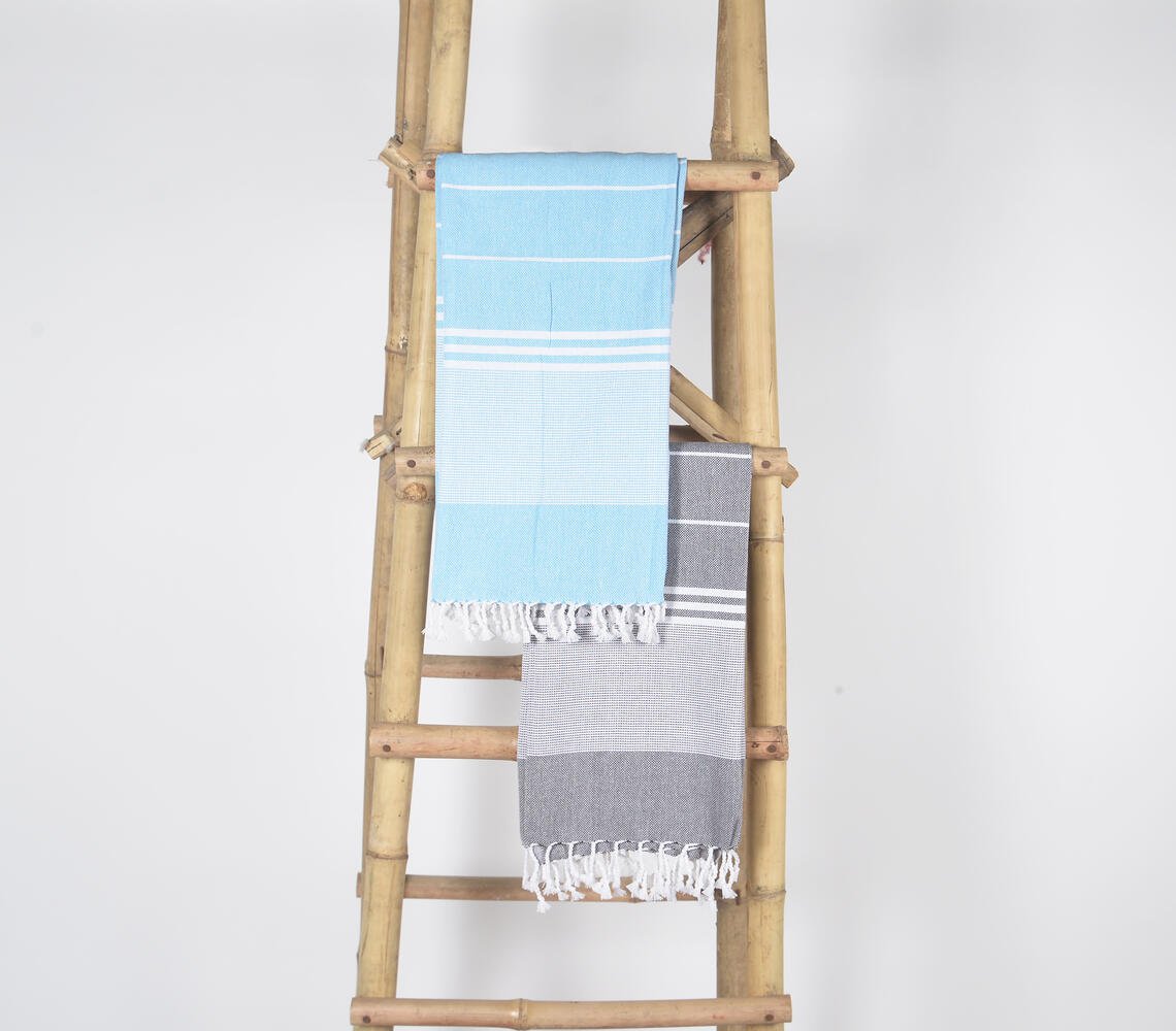 Handwoven Cotton striped Sky & Ash Bath Towels (Set Of 2)