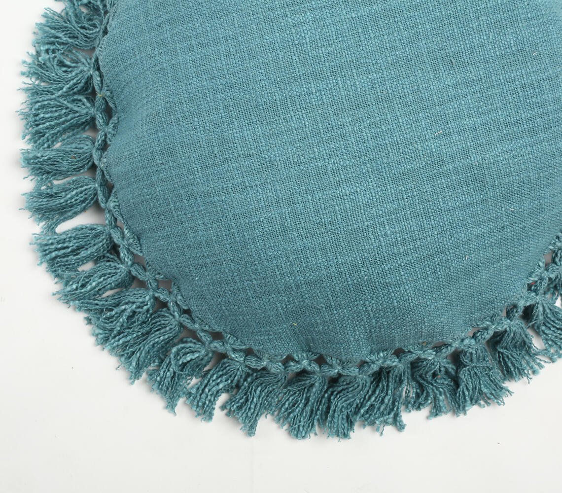 Sea Blue Tasseled Round Cushion Cover